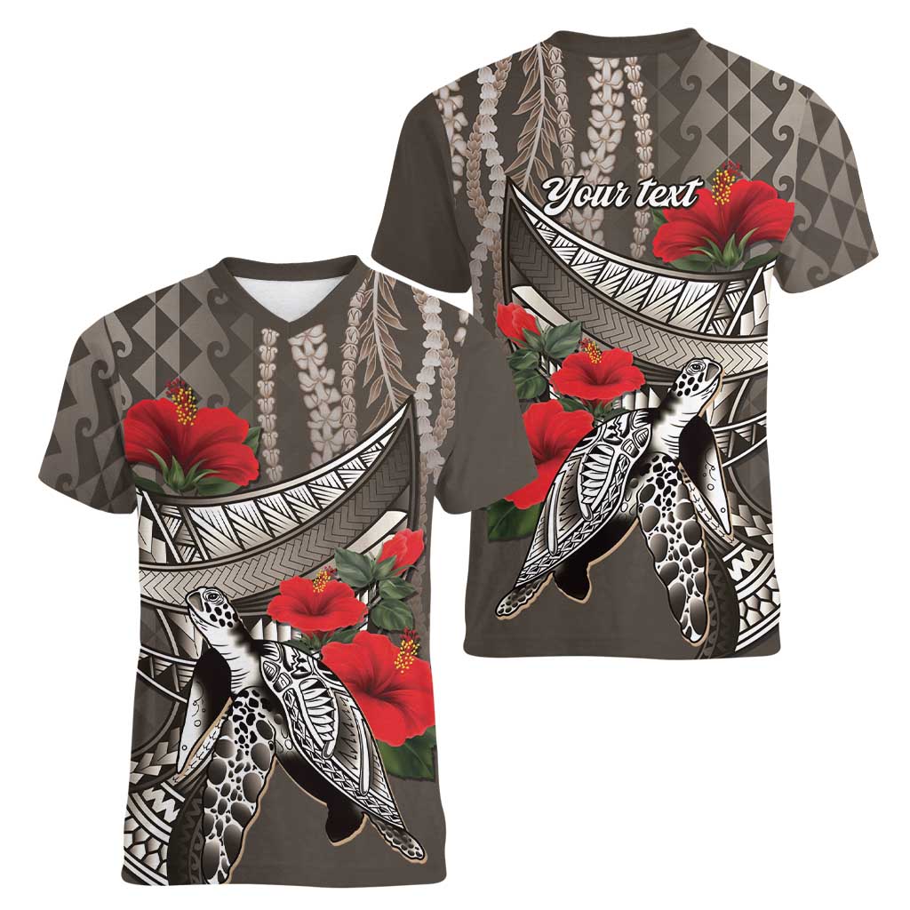 Hawaiian Honu Personalized Women V-Neck T-Shirt Mocha Mousse Hibiscus Tribal Hook Pattern