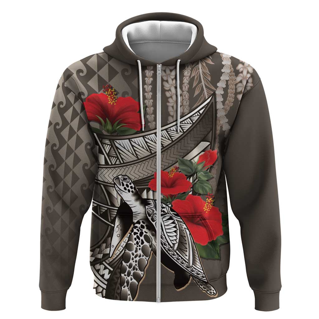 Hawaiian Honu Personalized Zip Hoodie Mocha Mousse Hibiscus Tribal Hook Pattern