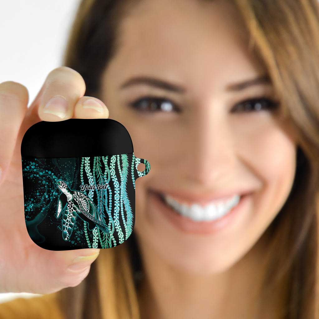 Hawaiian Honu Personalized AirPods Case Dark Cyan Maile Pikake Flower Lei Inspired