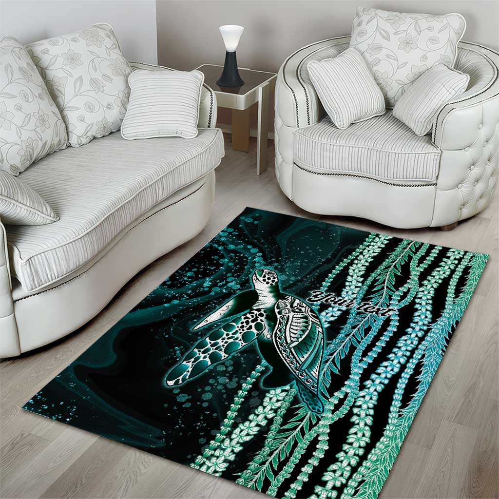 Hawaiian Honu Personalized Area Rug Dark Cyan Maile Pikake Flower Lei Inspired