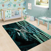 Hawaiian Honu Personalized Area Rug Dark Cyan Maile Pikake Flower Lei Inspired