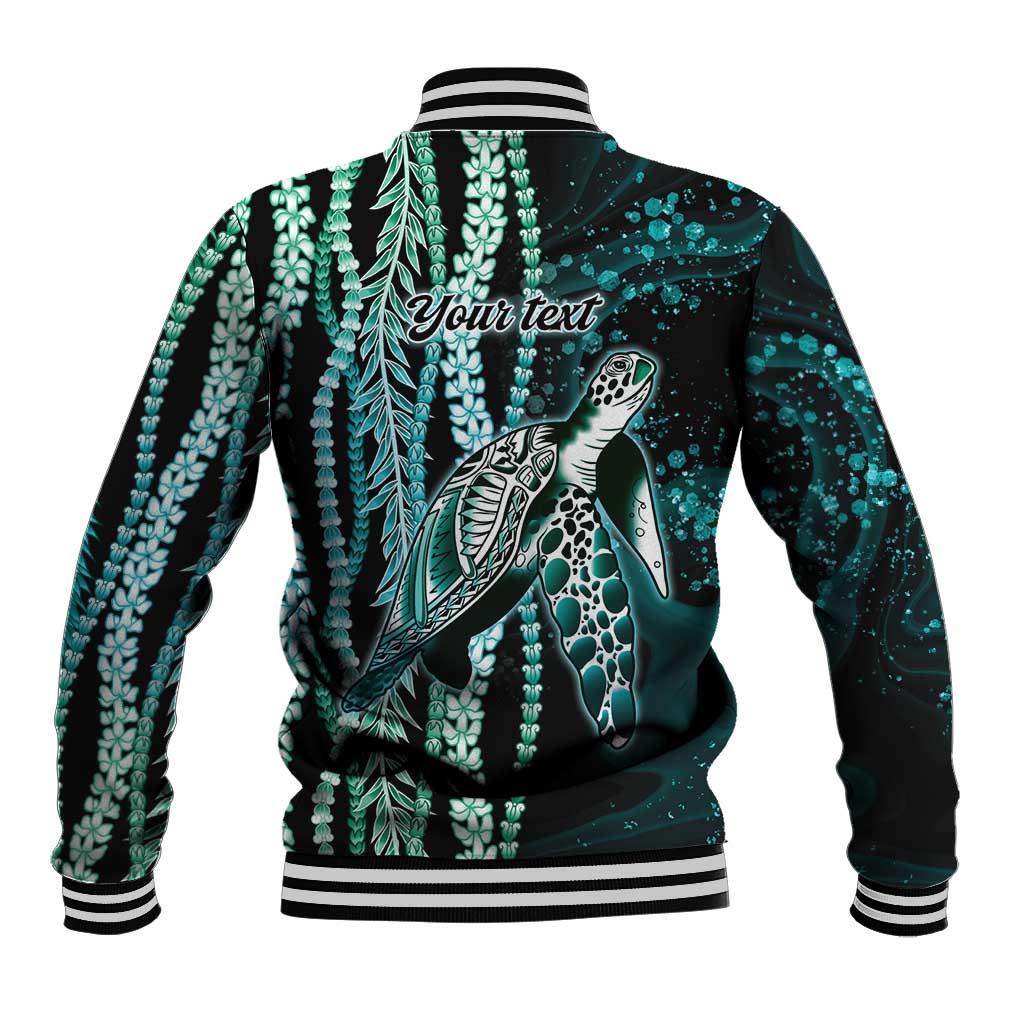 Hawaiian Honu Personalized Baseball Jacket Dark Cyan Maile Pikake Flower Lei Inspired