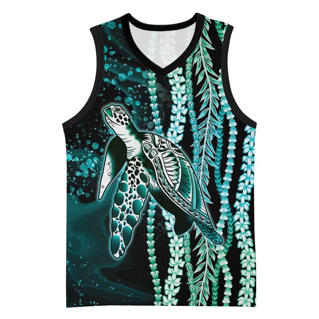 Hawaiian Honu Personalized Basketball Jersey Dark Cyan Maile Pikake Flower Lei Inspired