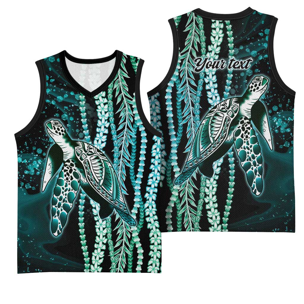 Hawaiian Honu Personalized Basketball Jersey Dark Cyan Maile Pikake Flower Lei Inspired
