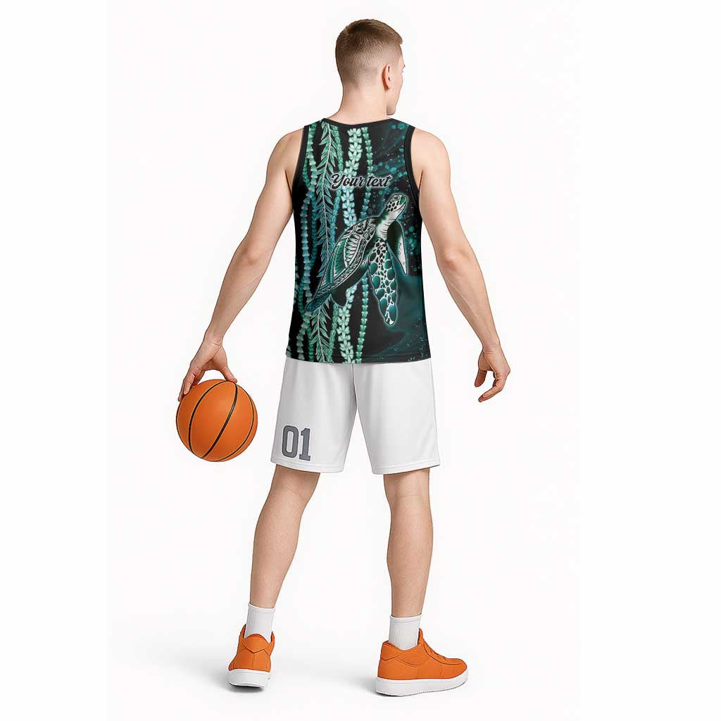 Hawaiian Honu Personalized Basketball Jersey Dark Cyan Maile Pikake Flower Lei Inspired