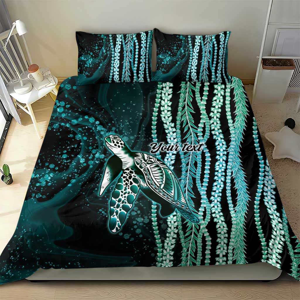 Hawaiian Honu Personalized Bedding Set Dark Cyan Maile Pikake Flower Lei Inspired