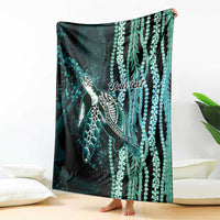 Hawaiian Honu Personalized Blanket Dark Cyan Maile Pikake Flower Lei Inspired