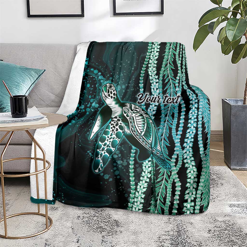 Hawaiian Honu Personalized Blanket Dark Cyan Maile Pikake Flower Lei Inspired