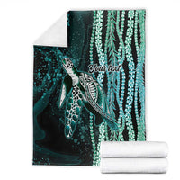 Hawaiian Honu Personalized Blanket Dark Cyan Maile Pikake Flower Lei Inspired