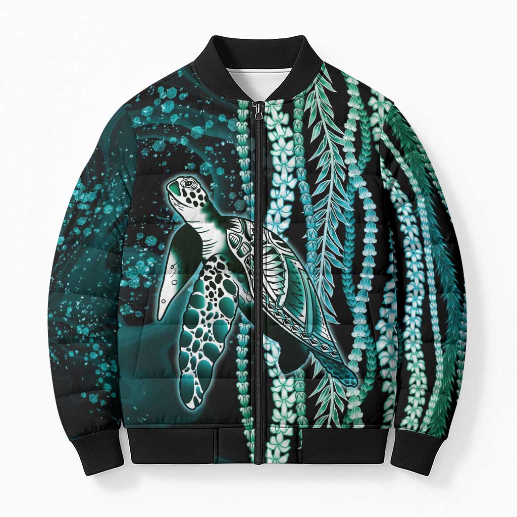 Hawaiian Honu Personalized Bomber Puffer Jacket Dark Cyan Maile Pikake Flower Lei Inspired
