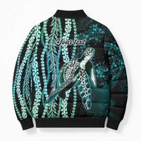 Hawaiian Honu Personalized Bomber Puffer Jacket Dark Cyan Maile Pikake Flower Lei Inspired