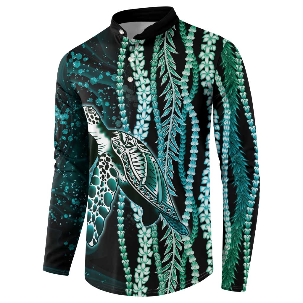 Hawaiian Honu Personalized Button Sweatshirt Dark Cyan Maile Pikake Flower Lei Inspired