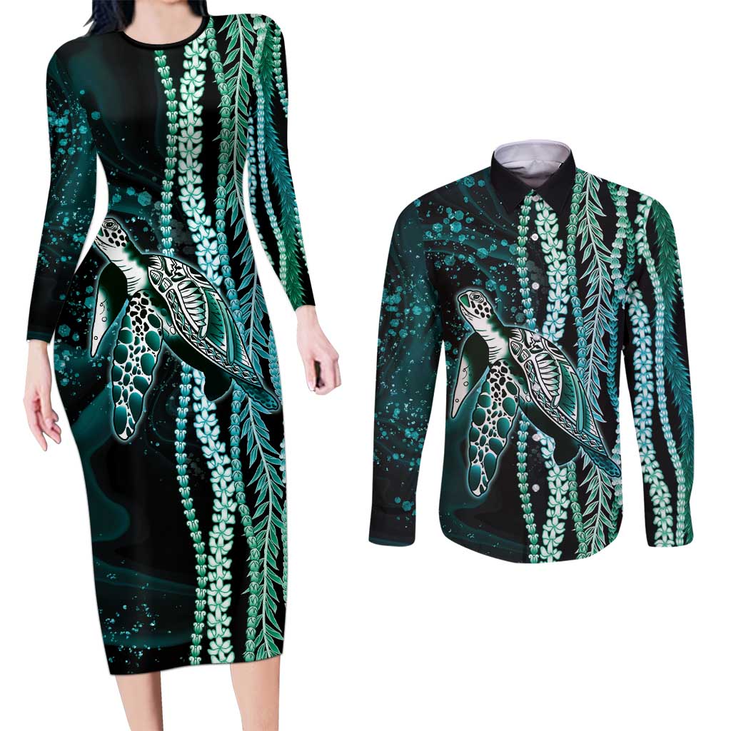 Hawaiian Honu Personalized Couples Matching Long Sleeve Bodycon Dress and Long Sleeve Button Shirt Dark Cyan Maile Pikake Flower Lei Inspired
