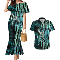 Hawaiian Honu Personalized Couples Matching Mermaid Dress and Hawaiian Shirt Dark Cyan Maile Pikake Flower Lei Inspired LT9 Cyan - Polynesian Pride