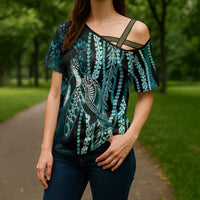 Hawaiian Honu Personalized Cross Shoulder Shirt Dark Cyan Maile Pikake Flower Lei Inspired