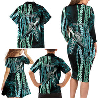 Hawaiian Honu Personalized Family Matching Long Sleeve Bodycon Dress and Hawaiian Shirt Dark Cyan Maile Pikake Flower Lei Inspired LT9 - Polynesian Pride