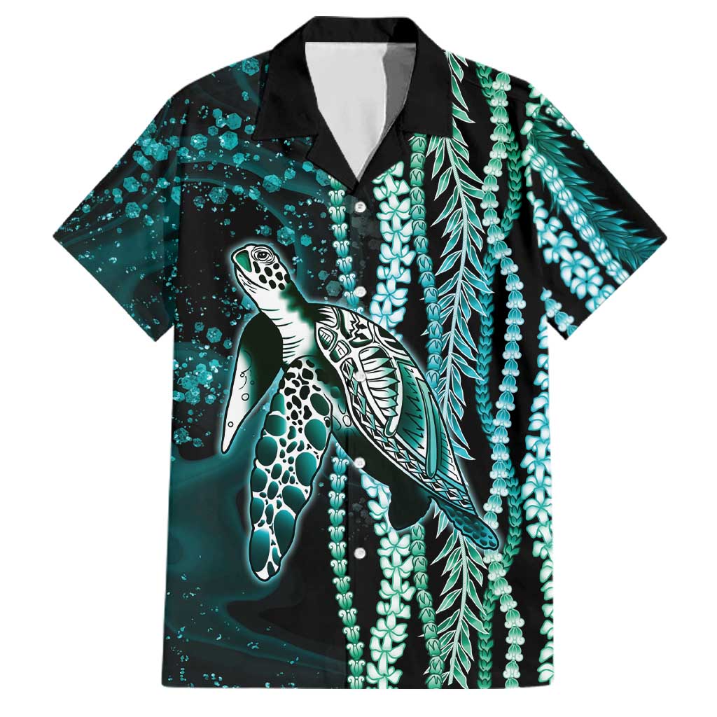 Hawaiian Honu Personalized Family Matching Long Sleeve Bodycon Dress and Hawaiian Shirt Dark Cyan Maile Pikake Flower Lei Inspired LT9 Dad's Shirt - Short Sleeve Cyan - Polynesian Pride