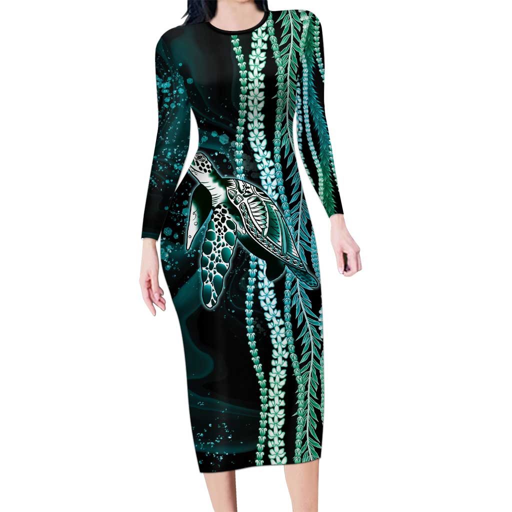 Hawaiian Honu Personalized Family Matching Long Sleeve Bodycon Dress and Hawaiian Shirt Dark Cyan Maile Pikake Flower Lei Inspired LT9 Mom's Dress Cyan - Polynesian Pride