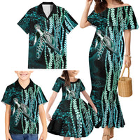 Hawaiian Honu Personalized Family Matching Mermaid Dress and Hawaiian Shirt Dark Cyan Maile Pikake Flower Lei Inspired LT9 - Polynesian Pride