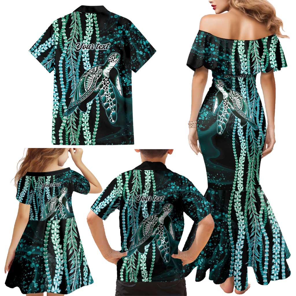Hawaiian Honu Personalized Family Matching Mermaid Dress and Hawaiian Shirt Dark Cyan Maile Pikake Flower Lei Inspired LT9 - Polynesian Pride