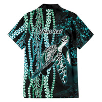 Hawaiian Honu Personalized Family Matching Off The Shoulder Long Sleeve Dress and Hawaiian Shirt Dark Cyan Maile Pikake Flower Lei Inspired LT9 - Polynesian Pride