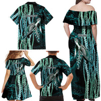 Hawaiian Honu Personalized Family Matching Off Shoulder Maxi Dress and Hawaiian Shirt Dark Cyan Maile Pikake Flower Lei Inspired LT9 - Polynesian Pride