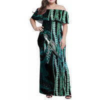 Hawaiian Honu Personalized Family Matching Off Shoulder Maxi Dress and Hawaiian Shirt Dark Cyan Maile Pikake Flower Lei Inspired LT9 Mom's Dress Cyan - Polynesian Pride