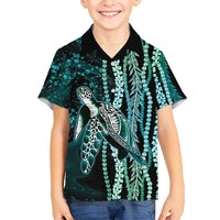 Hawaiian Honu Personalized Family Matching Off Shoulder Maxi Dress and Hawaiian Shirt Dark Cyan Maile Pikake Flower Lei Inspired LT9 Son's Shirt Cyan - Polynesian Pride