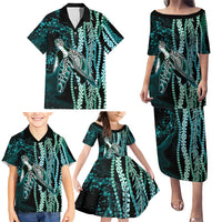Hawaiian Honu Personalized Family Matching Puletasi and Hawaiian Shirt Dark Cyan Maile Pikake Flower Lei Inspired LT9 - Polynesian Pride