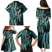 Hawaiian Honu Personalized Family Matching Puletasi and Hawaiian Shirt Dark Cyan Maile Pikake Flower Lei Inspired LT9 - Polynesian Pride