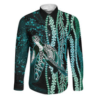 Hawaiian Honu Personalized Family Matching Puletasi and Hawaiian Shirt Dark Cyan Maile Pikake Flower Lei Inspired LT9 Dad's Shirt - Long Sleeve Cyan - Polynesian Pride