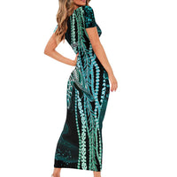 Hawaiian Honu Personalized Family Matching Short Sleeve Bodycon Dress and Hawaiian Shirt Dark Cyan Maile Pikake Flower Lei Inspired LT9 - Polynesian Pride