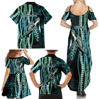 Hawaiian Honu Personalized Family Matching Summer Maxi Dress and Hawaiian Shirt Dark Cyan Maile Pikake Flower Lei Inspired LT9 - Polynesian Pride