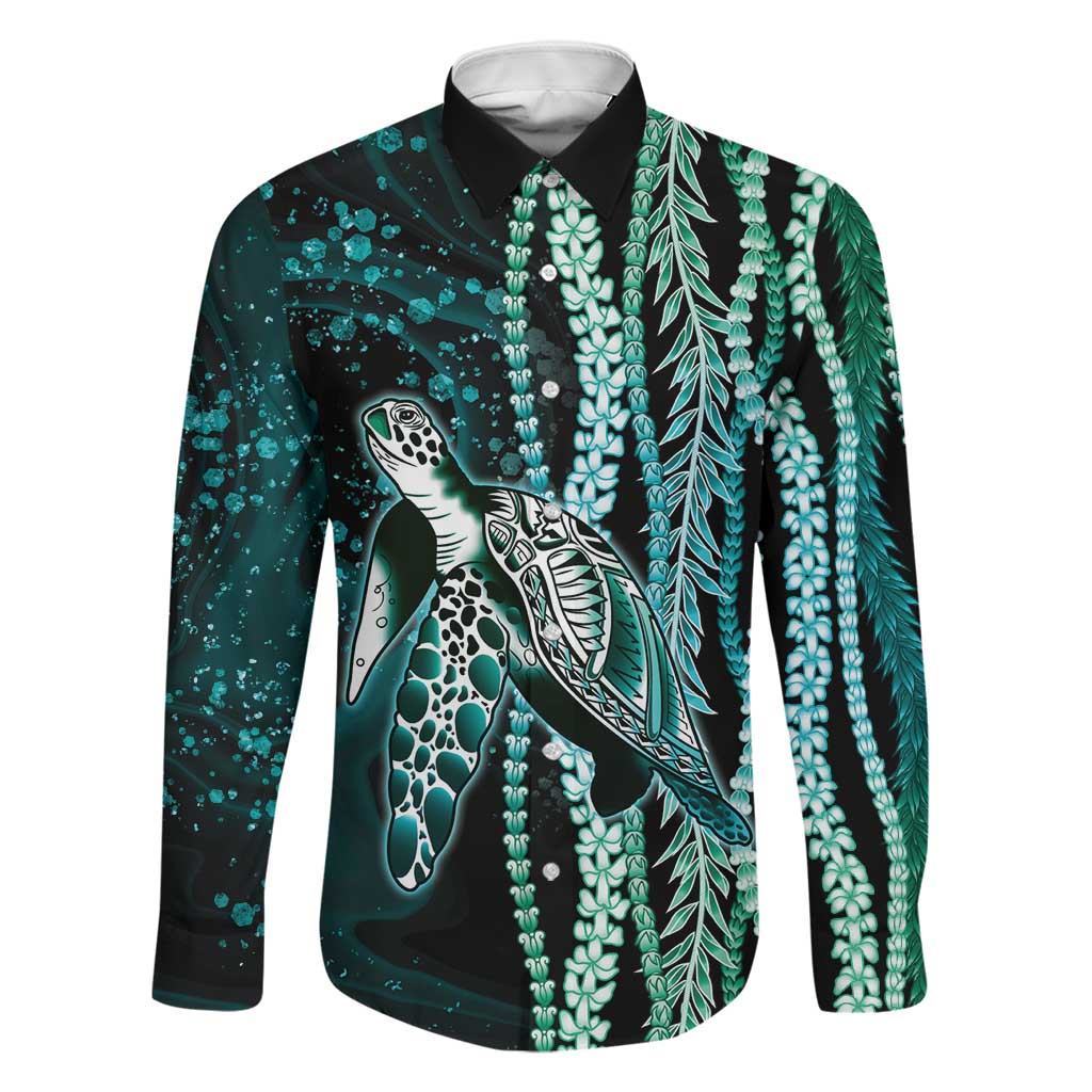 Hawaiian Honu Personalized Family Matching Summer Maxi Dress and Hawaiian Shirt Dark Cyan Maile Pikake Flower Lei Inspired LT9 Dad's Shirt - Long Sleeve Cyan - Polynesian Pride