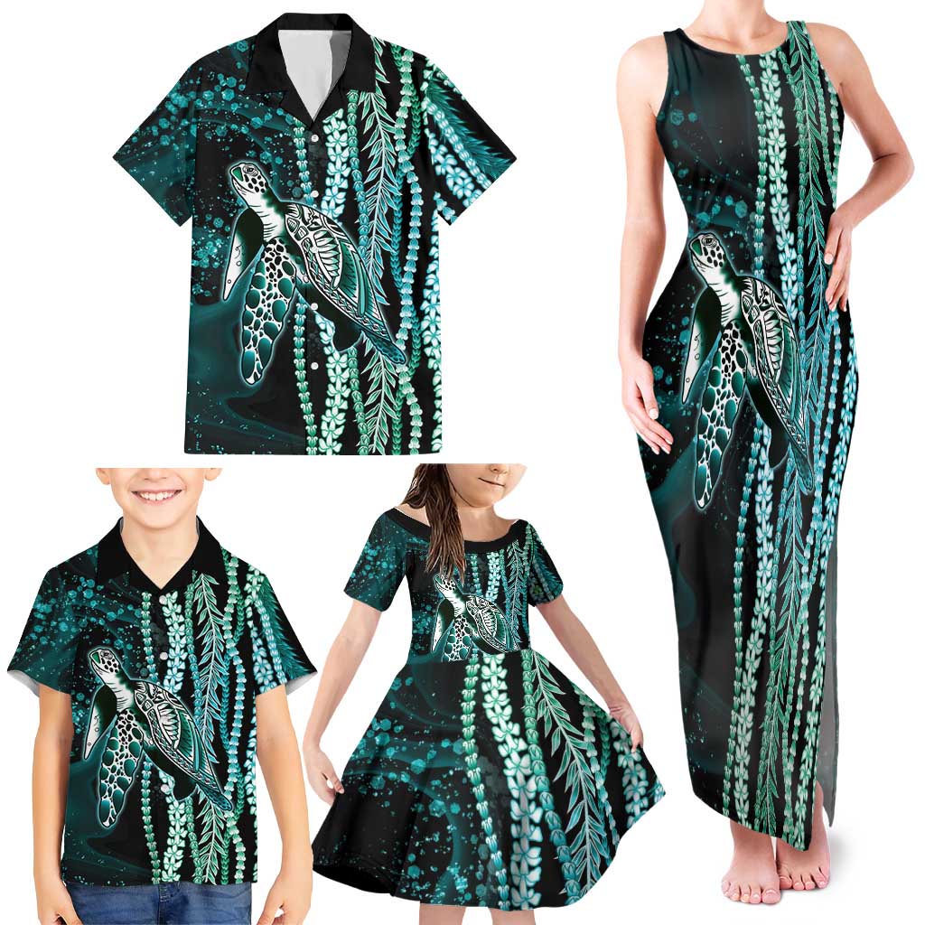 Hawaiian Honu Personalized Family Matching Tank Maxi Dress and Hawaiian Shirt Dark Cyan Maile Pikake Flower Lei Inspired LT9 - Polynesian Pride