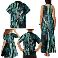 Hawaiian Honu Personalized Family Matching Tank Maxi Dress and Hawaiian Shirt Dark Cyan Maile Pikake Flower Lei Inspired LT9 - Polynesian Pride