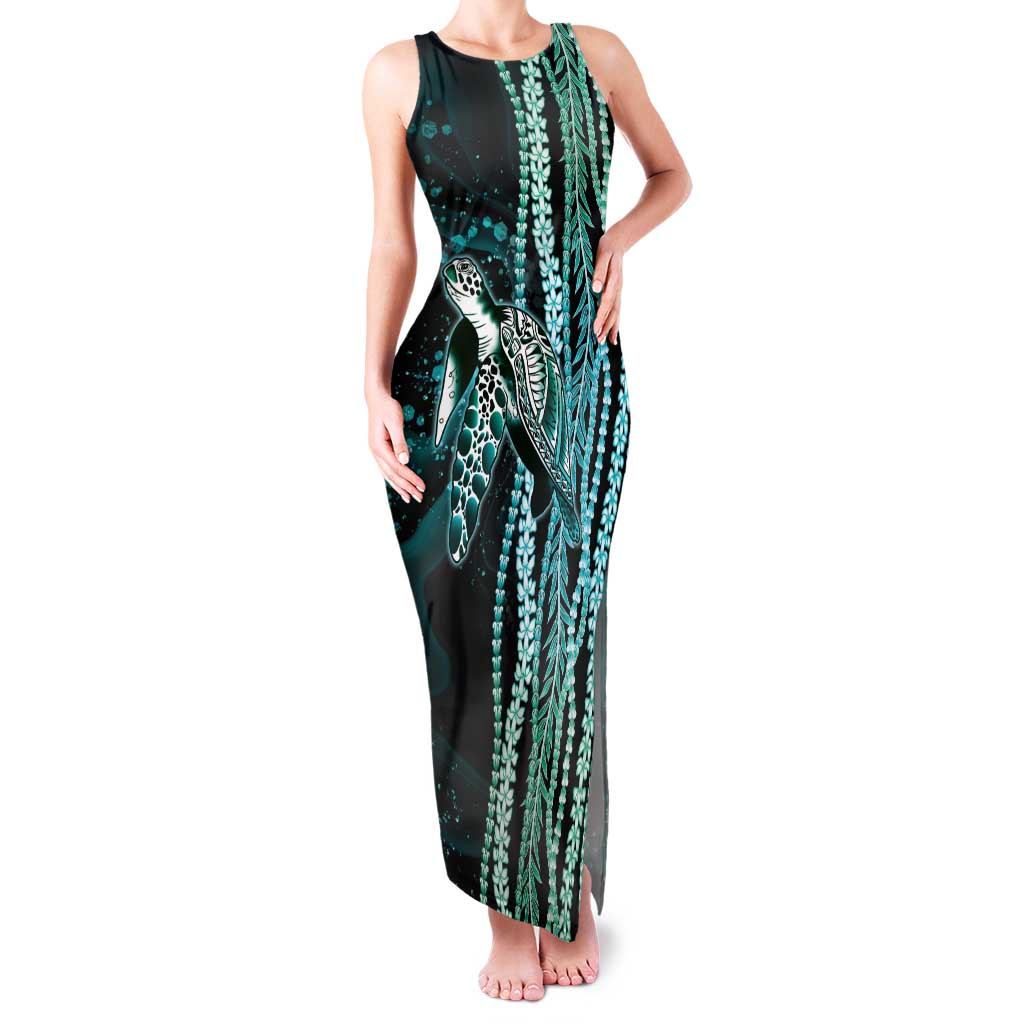 Hawaiian Honu Personalized Family Matching Tank Maxi Dress and Hawaiian Shirt Dark Cyan Maile Pikake Flower Lei Inspired LT9 Mom's Dress Cyan - Polynesian Pride