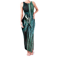 Hawaiian Honu Personalized Family Matching Tank Maxi Dress and Hawaiian Shirt Dark Cyan Maile Pikake Flower Lei Inspired LT9 Mom's Dress Cyan - Polynesian Pride