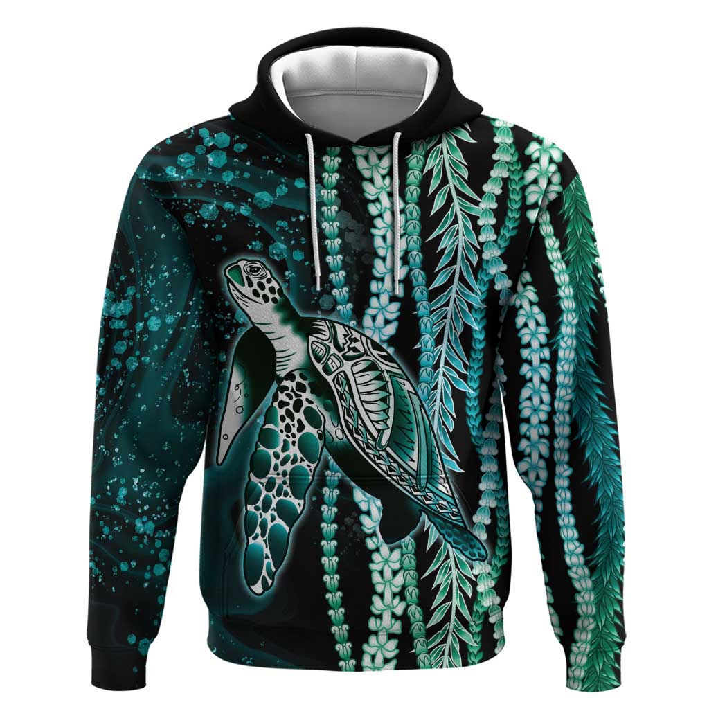 Hawaiian Honu Personalized Hoodie Dark Cyan Maile Pikake Flower Lei Inspired