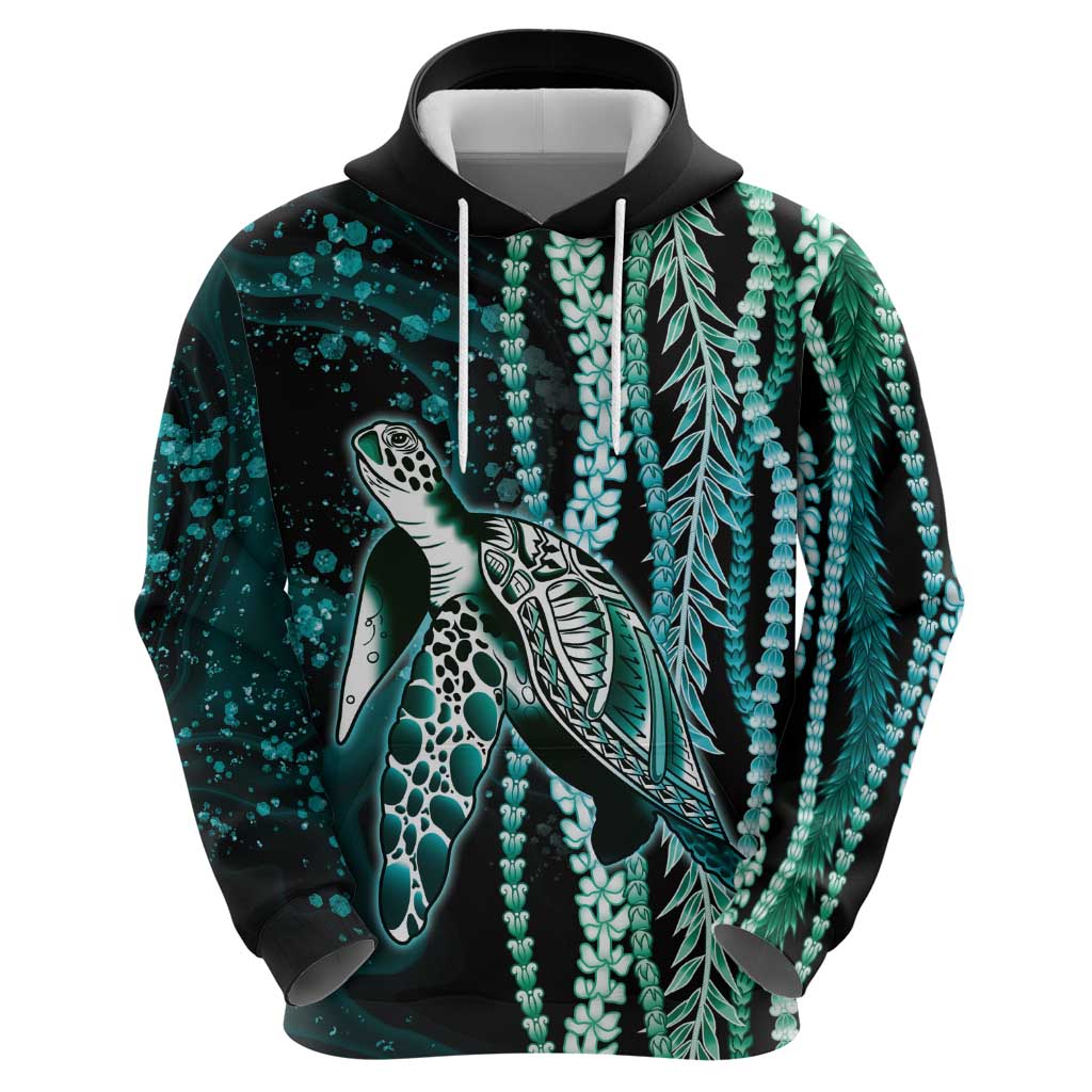 Hawaiian Honu Personalized Hoodie Dark Cyan Maile Pikake Flower Lei Inspired