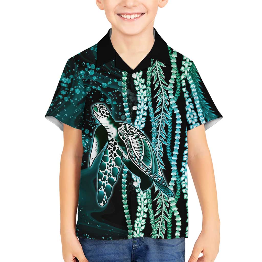 Hawaiian Honu Personalized Kid Hawaiian Shirt Dark Cyan Maile Pikake Flower Lei Inspired