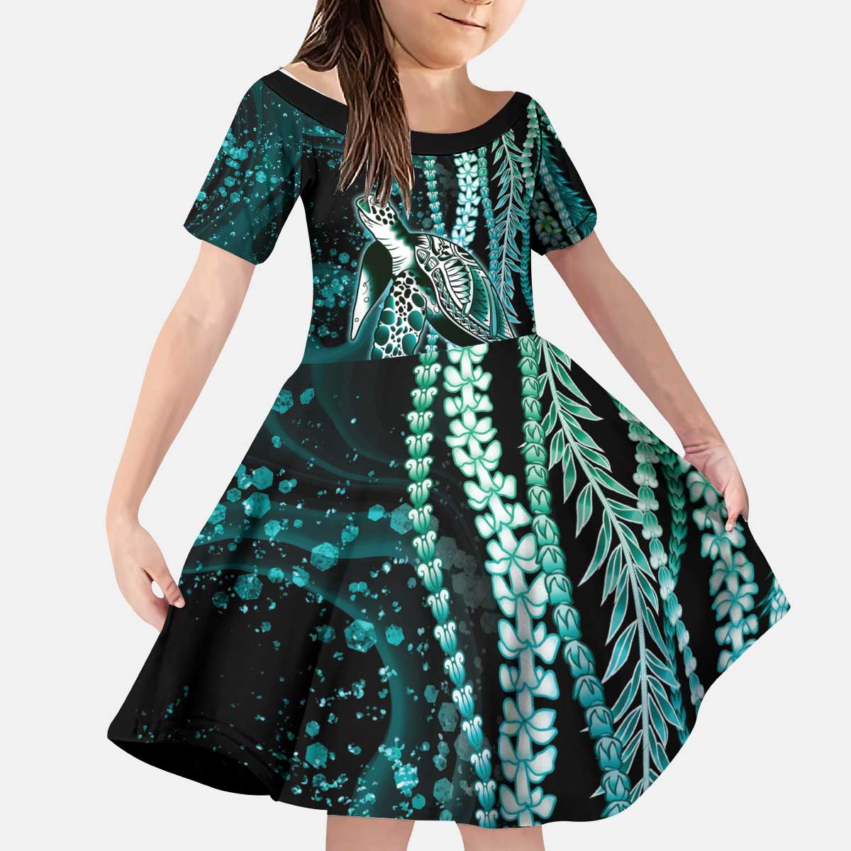 Hawaiian Honu Personalized Kid Short Sleeve Dress Dark Cyan Maile Pikake Flower Lei Inspired
