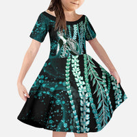 Hawaiian Honu Personalized Kid Short Sleeve Dress Dark Cyan Maile Pikake Flower Lei Inspired