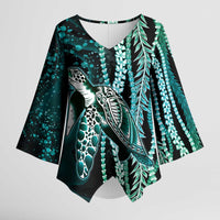 Hawaiian Honu Personalized Kimono Sleeve Blouse Dark Cyan Maile Pikake Flower Lei Inspired