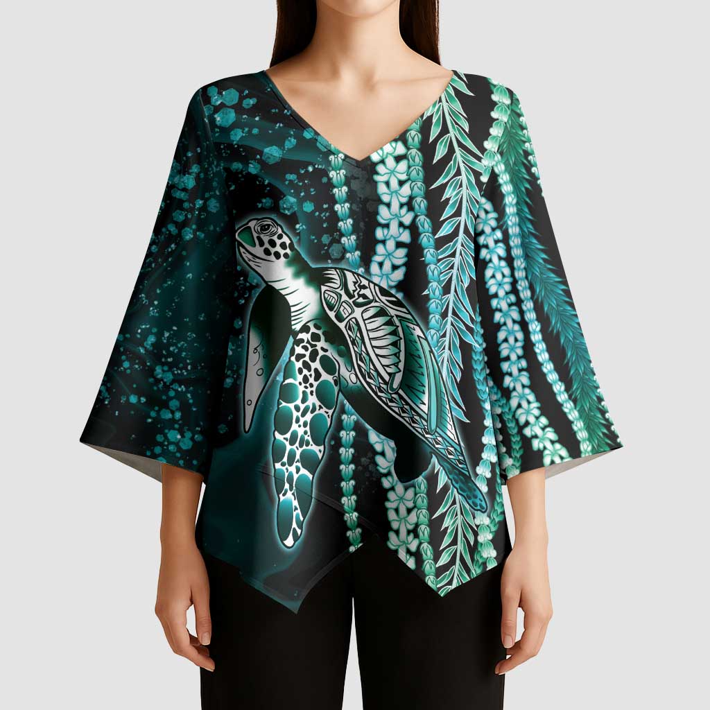 Hawaiian Honu Personalized Kimono Sleeve Blouse Dark Cyan Maile Pikake Flower Lei Inspired