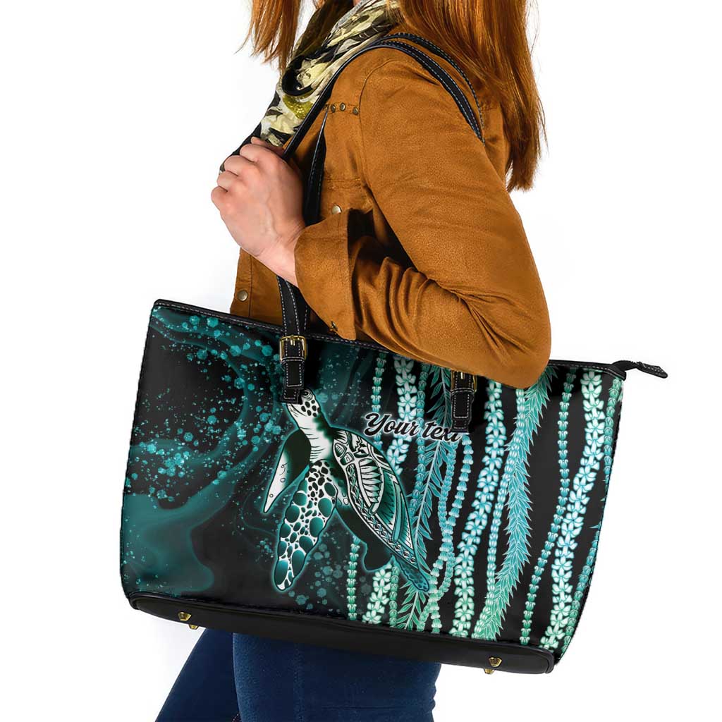Hawaiian Honu Personalized Leather Tote Bag Dark Cyan Maile Pikake Flower Lei Inspired
