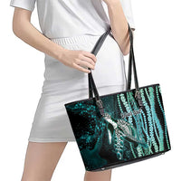 Hawaiian Honu Personalized Leather Tote Bag Dark Cyan Maile Pikake Flower Lei Inspired