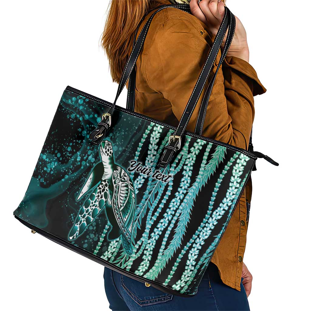 Hawaiian Honu Personalized Leather Tote Bag Dark Cyan Maile Pikake Flower Lei Inspired