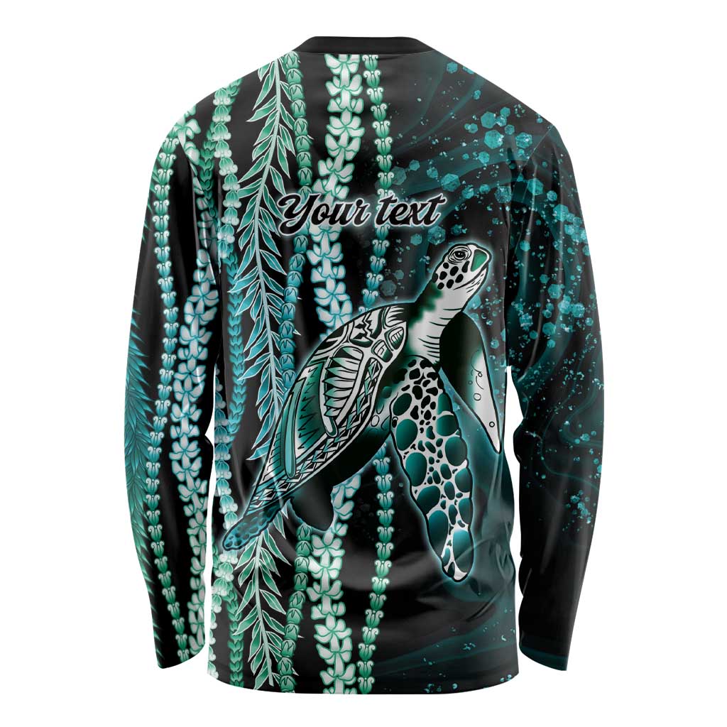 Hawaiian Honu Personalized Long Sleeve Shirt Dark Cyan Maile Pikake Flower Lei Inspired