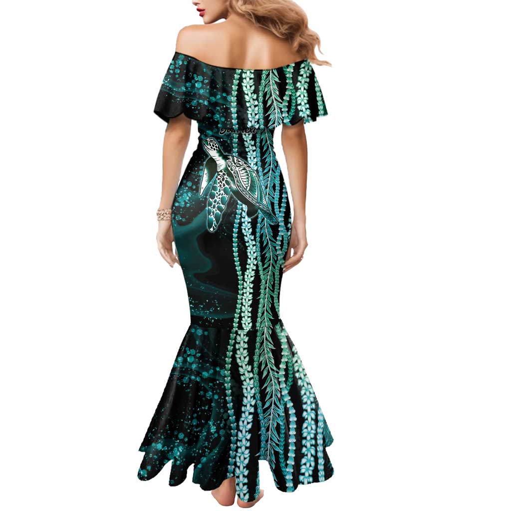 Hawaiian Honu Personalized Mermaid Dress Dark Cyan Maile Pikake Flower Lei Inspired
